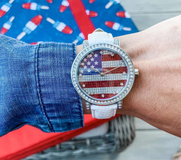 American Flag Leather Strap Watch Stainless Steel